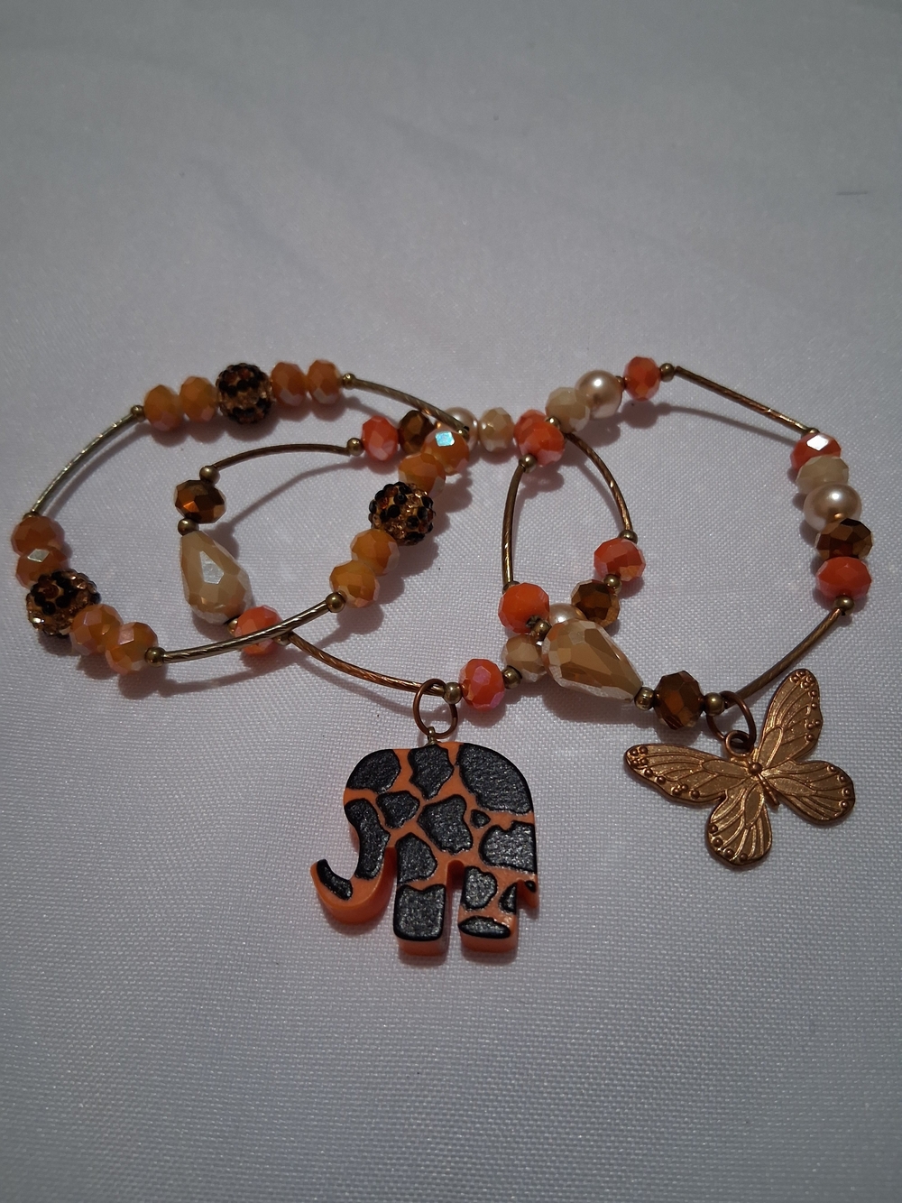 Gold-Tone Orange Beaded Charm Bracelet Set with Elephant & Butterfly Charms